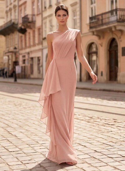 Sheath/Column One-Shoulder Floor-Length Chiffon Mother Of The Bride Dresses With Ruffle/Back Slit