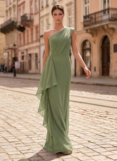 Sheath/Column One-Shoulder Sleeveless Floor-Length Chiffon Evening Dresses With Ruffle/Back Slit