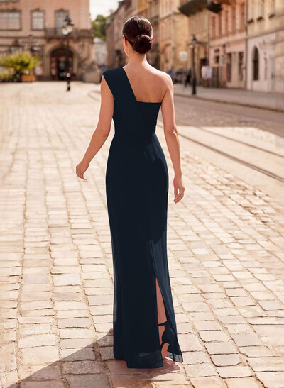 Sheath/Column One-Shoulder Floor-Length Chiffon Mother Of The Bride Dresses With Ruffle/Back Slit