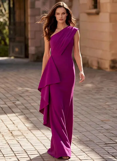 Sheath/Column One-Shoulder Floor-Length Elastic Satin Mother Of The Bride Dresses With Ruffle/Back Slit