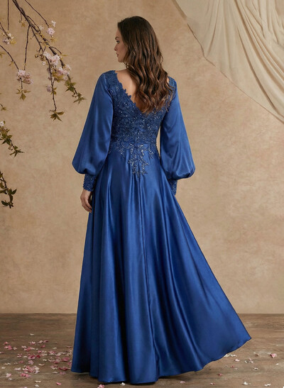 A-Line V-Neck Long Sleeves Floor-Length Charmeuse Mother Of The Bride Dresses With Appliques Lace/Overskirt Dress