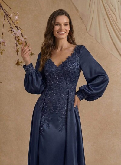 A-Line V-Neck Long Sleeves Floor-Length Charmeuse Mother Of The Bride Dresses With Appliques Lace/Overskirt Dress