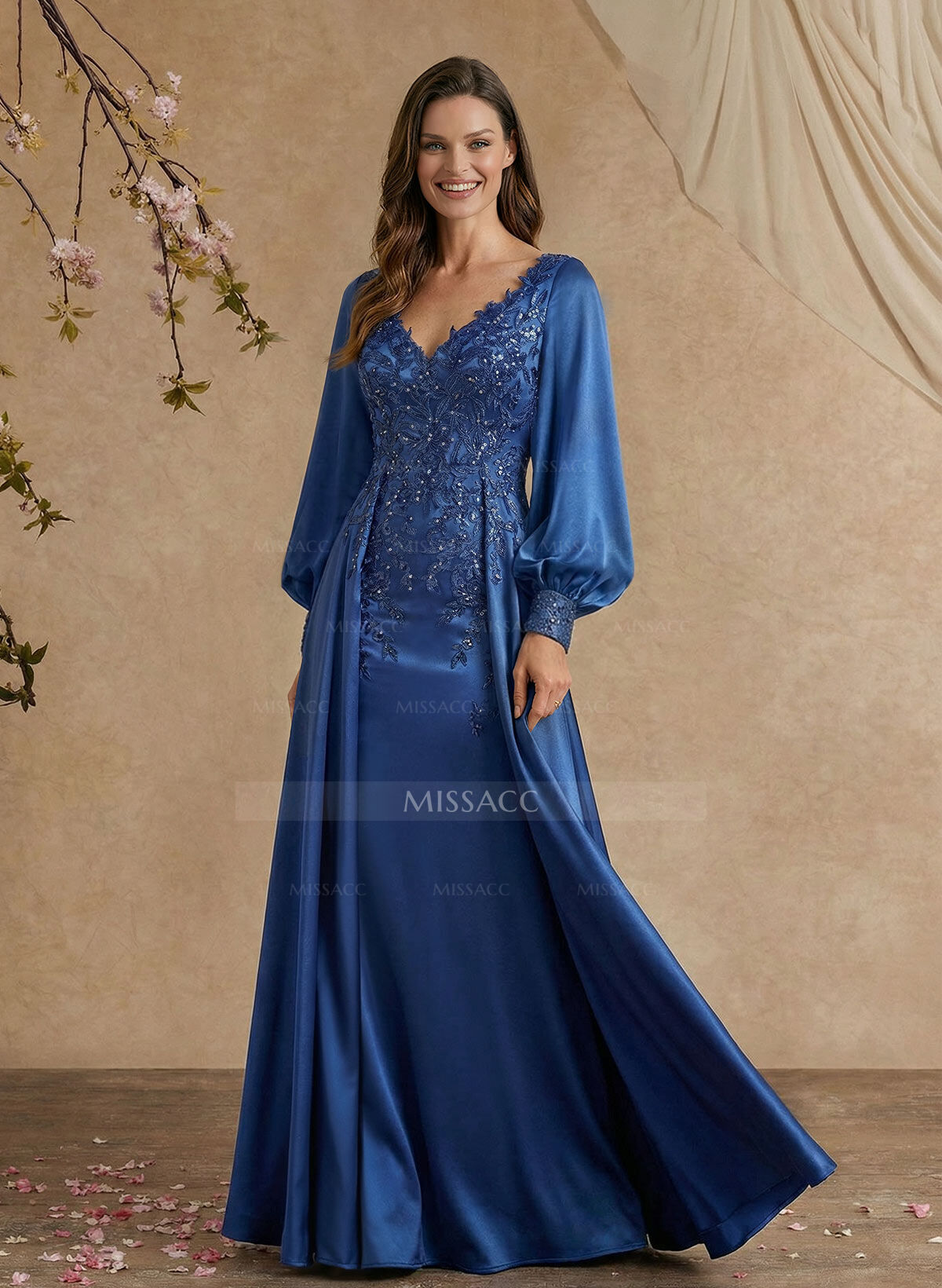 A-Line V-Neck Long Sleeves Floor-Length Charmeuse Mother Of The Bride Dresses With Appliques Lace/Overskirt Dress