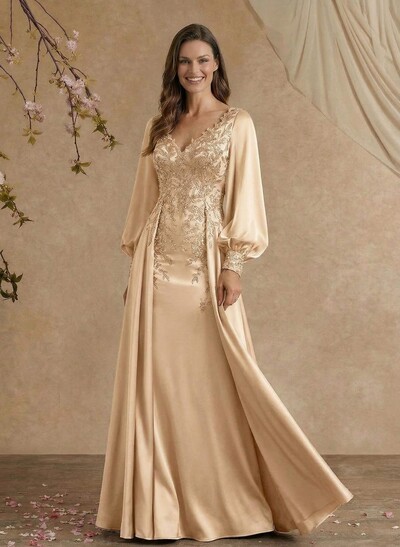 A-Line V-Neck Long Sleeves Floor-Length Charmeuse Mother Of The Bride Dresses With Appliques Lace/Overskirt Dress