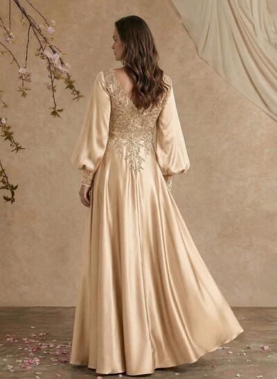 A-Line V-Neck Long Sleeves Floor-Length Charmeuse Mother Of The Bride Dresses With Appliques Lace/Overskirt Dress