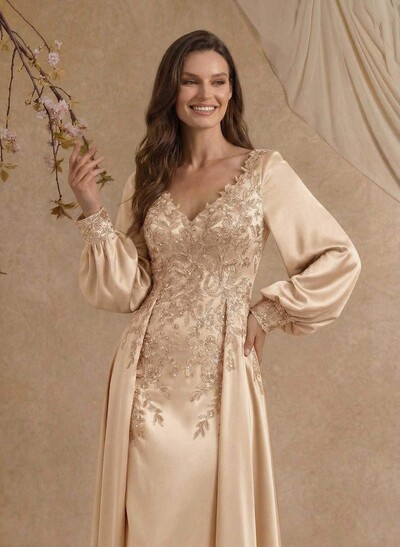 A-Line V-Neck Long Sleeves Floor-Length Charmeuse Mother Of The Bride Dresses With Appliques Lace/Overskirt Dress