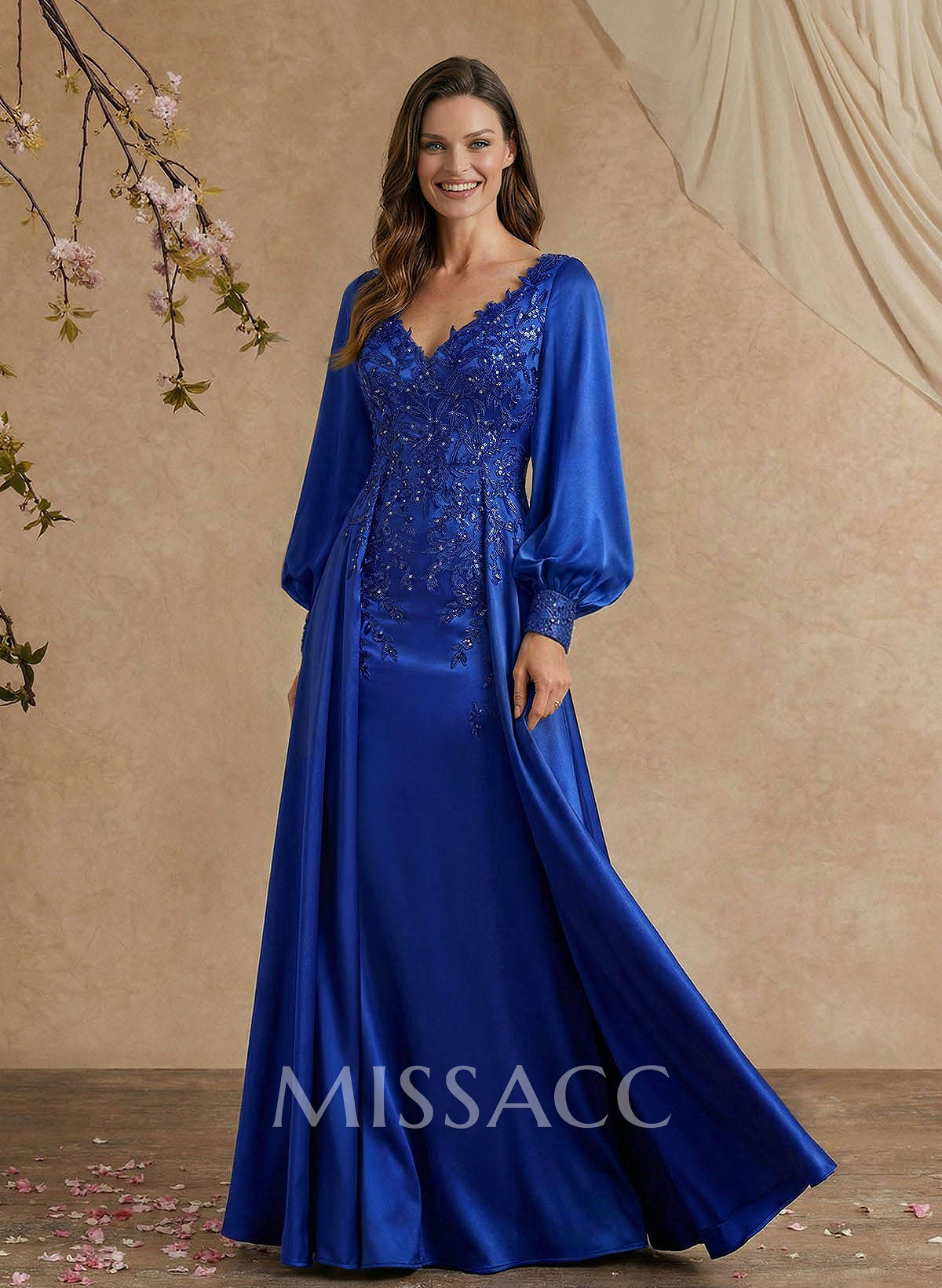 A-Line V-Neck Long Sleeves Floor-Length Charmeuse Mother Of The Bride Dresses With Appliques Lace/Overskirt Dress A-Line V-Neck Long Sleeves Floor-Length Charmeuse Mother Of The Bride Dresses With Appliques Lace/Overskirt Dress
