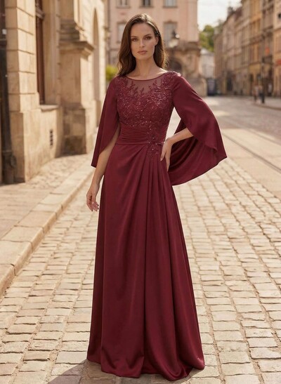 A-Line Scoop Neck Cape Sleeves Floor-Length Stretch Satin Mother Of The Bride Dresses With Appliques Lace