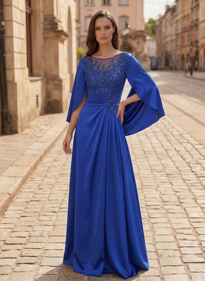A-Line Scoop Neck Cape Sleeves Floor-Length Stretch Satin Mother Of The Bride Dresses With Appliques Lace