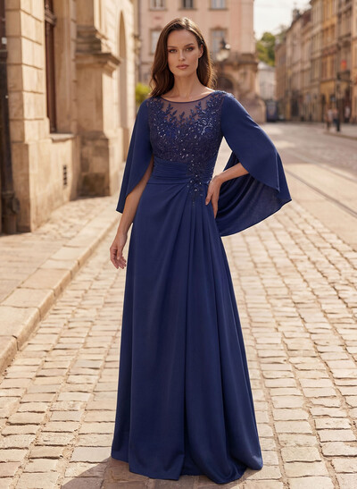 A-Line Scoop Neck Cape Sleeves Floor-Length Stretch Satin Mother Of The Bride Dresses With Appliques Lace