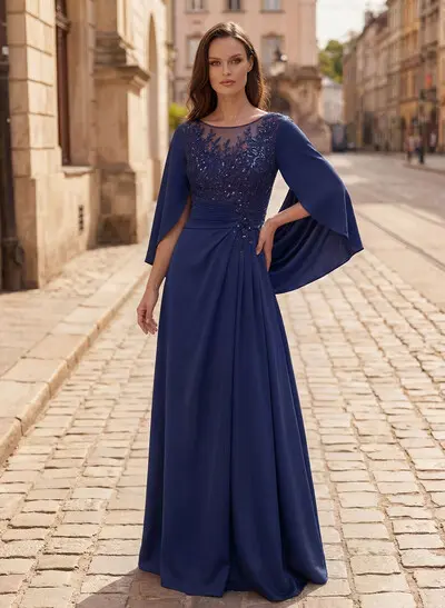 A-Line Scoop Neck Cape Sleeves Floor-Length Stretch Satin Mother Of The Bride Dresses With Appliques Lace