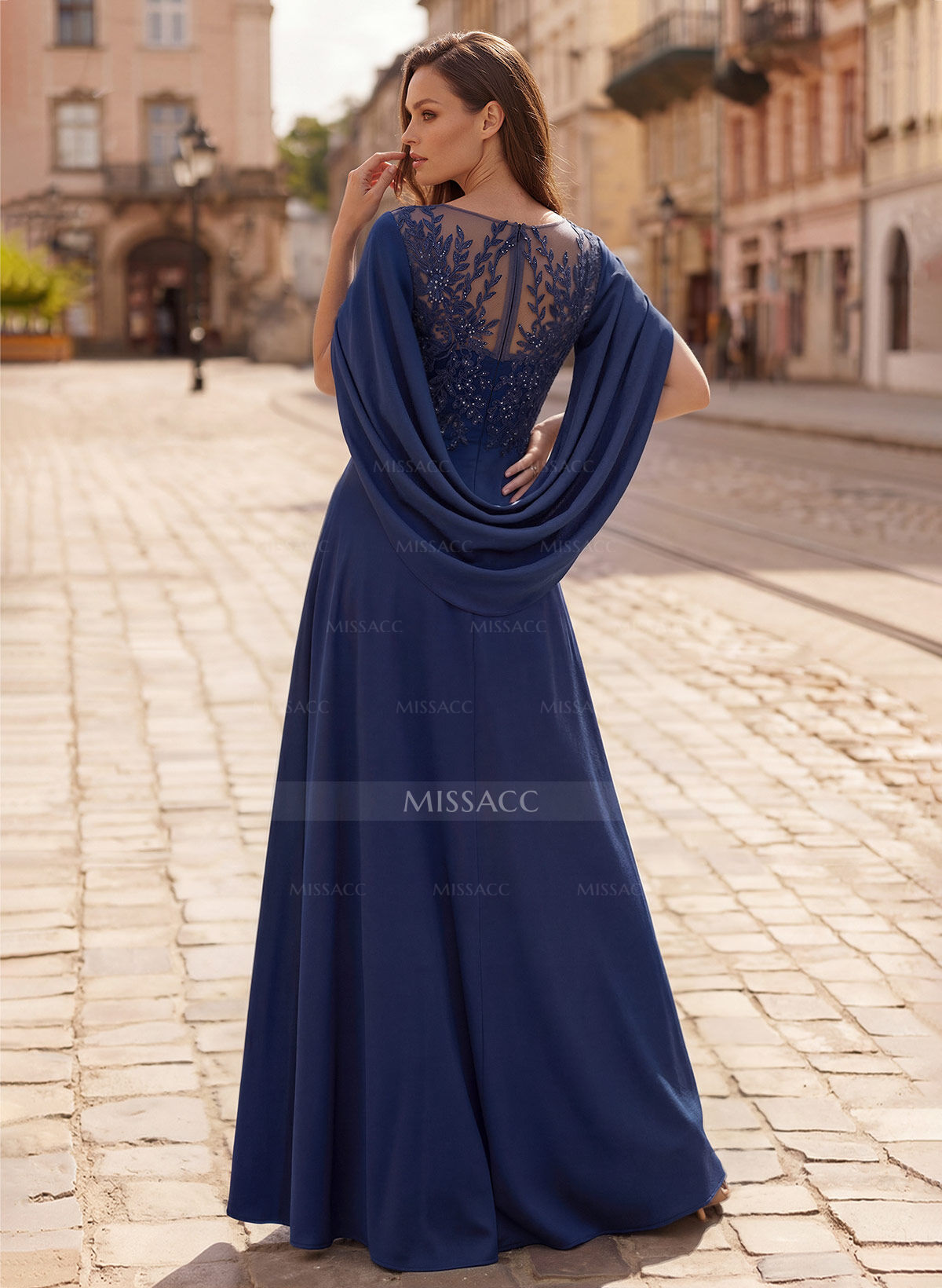A-Line Scoop Neck Cape Sleeves Floor-Length Stretch Satin Mother Of The Bride Dresses With Appliques Lace
