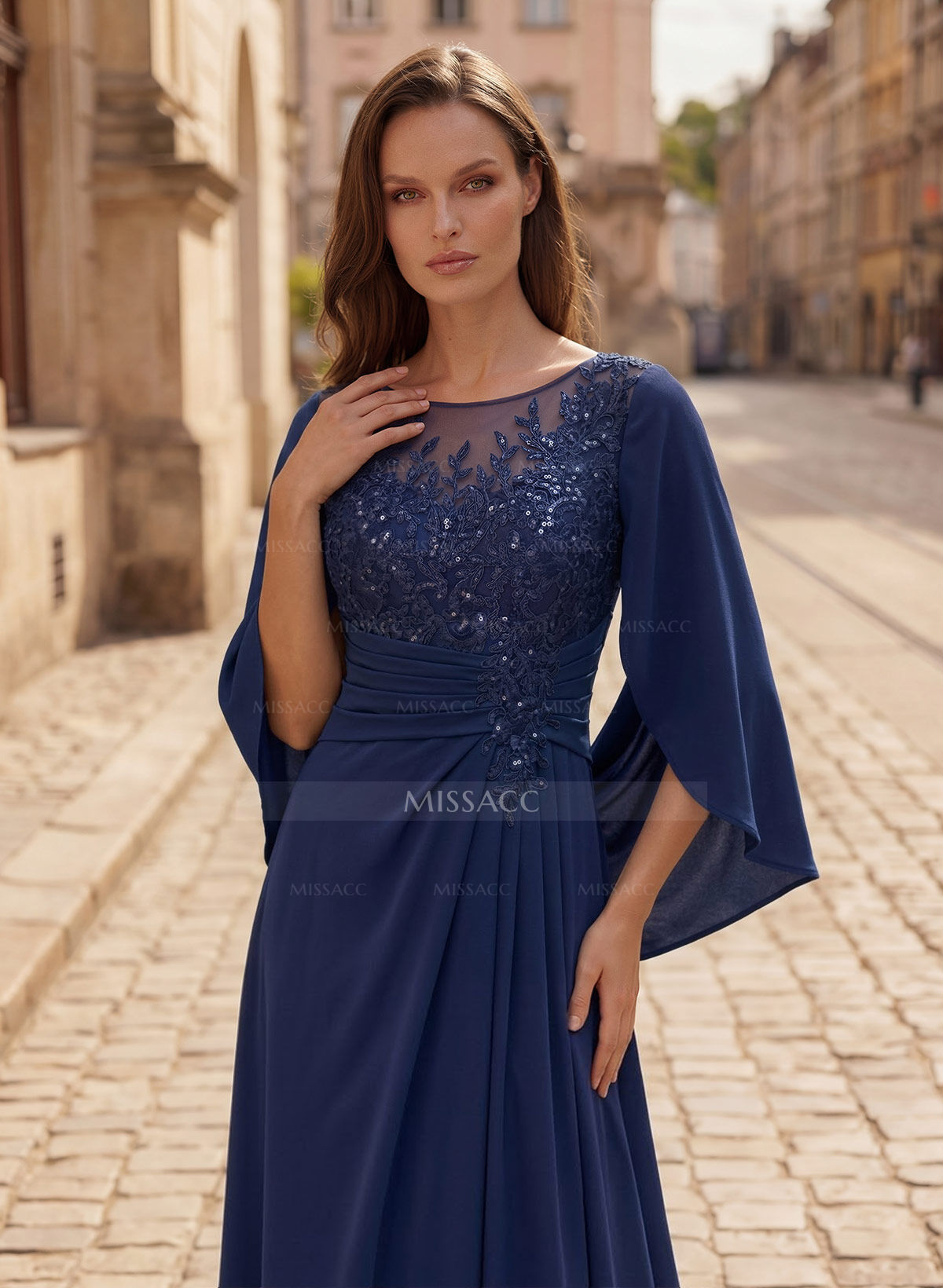 A-Line Scoop Neck Cape Sleeves Floor-Length Stretch Satin Mother Of The Bride Dresses With Appliques Lace