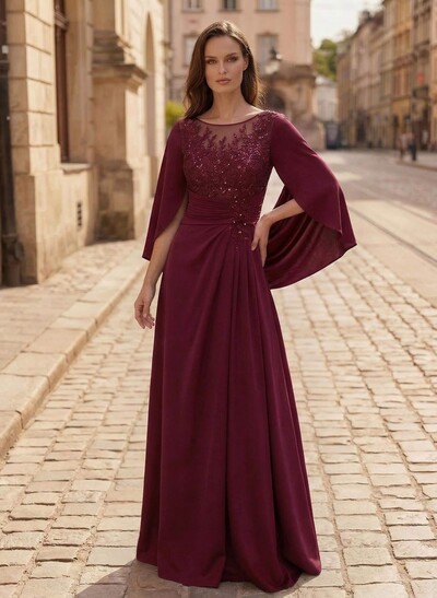 A-Line Scoop Neck Cape Sleeves Floor-Length Stretch Satin Mother Of The Bride Dresses With Appliques Lace