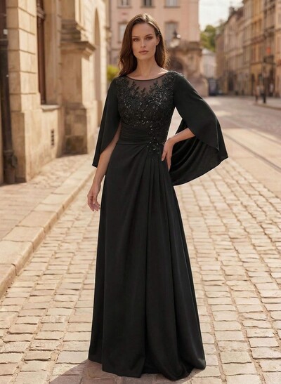A-Line Scoop Neck Cape Sleeves Floor-Length Stretch Satin Mother Of The Bride Dresses With Appliques Lace
