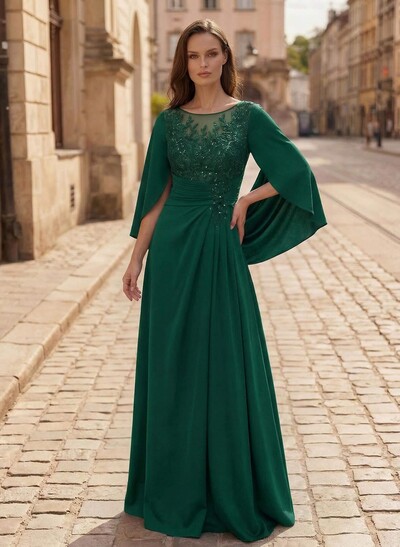 A-Line Scoop Neck Cape Sleeves Floor-Length Stretch Satin Mother Of The Bride Dresses With Appliques Lace