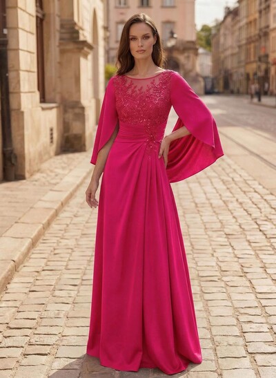 A-Line Scoop Neck Cape Sleeves Floor-Length Stretch Satin Mother Of The Bride Dresses With Appliques Lace