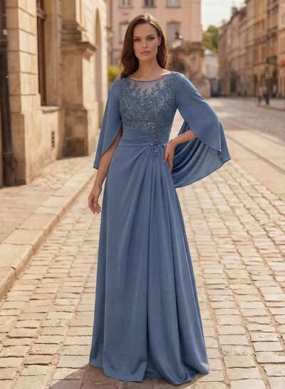 A-Line Scoop Neck Cape Sleeves Floor-Length Stretch Satin Mother Of The Bride Dresses With Appliques Lace