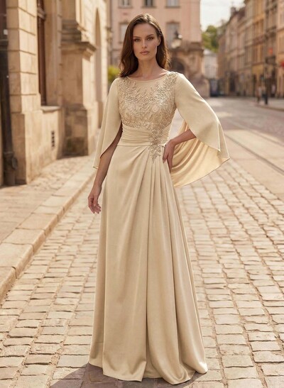 A-Line Scoop Neck Cape Sleeves Floor-Length Stretch Satin Mother Of The Bride Dresses With Appliques Lace