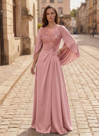 A-Line Scoop Neck Cape Sleeves Floor-Length Stretch Satin Mother Of The Bride Dresses With Appliques Lace