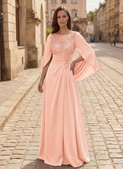 A-Line Scoop Neck Cape Sleeves Floor-Length Stretch Satin Mother Of The Bride Dresses With Appliques Lace