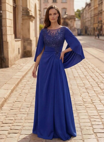 A-Line Scoop Neck Cape Sleeves Floor-Length Stretch Satin Mother Of The Bride Dresses With Appliques Lace