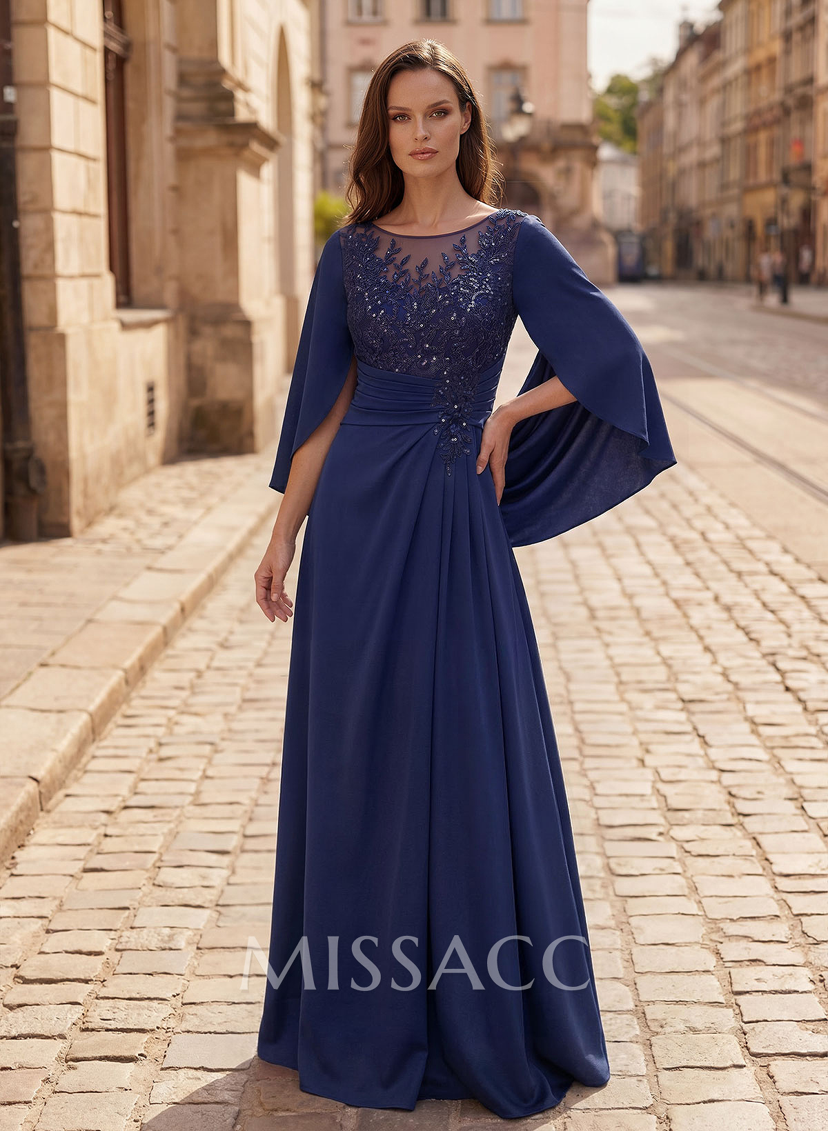 A-Line Scoop Neck Cape Sleeves Floor-Length Stretch Satin Mother Of The Bride Dresses With Appliques Lace A-Line Scoop Neck Cape Sleeves Floor-Length Stretch Satin Mother Of The Bride Dresses With Appliques Lace