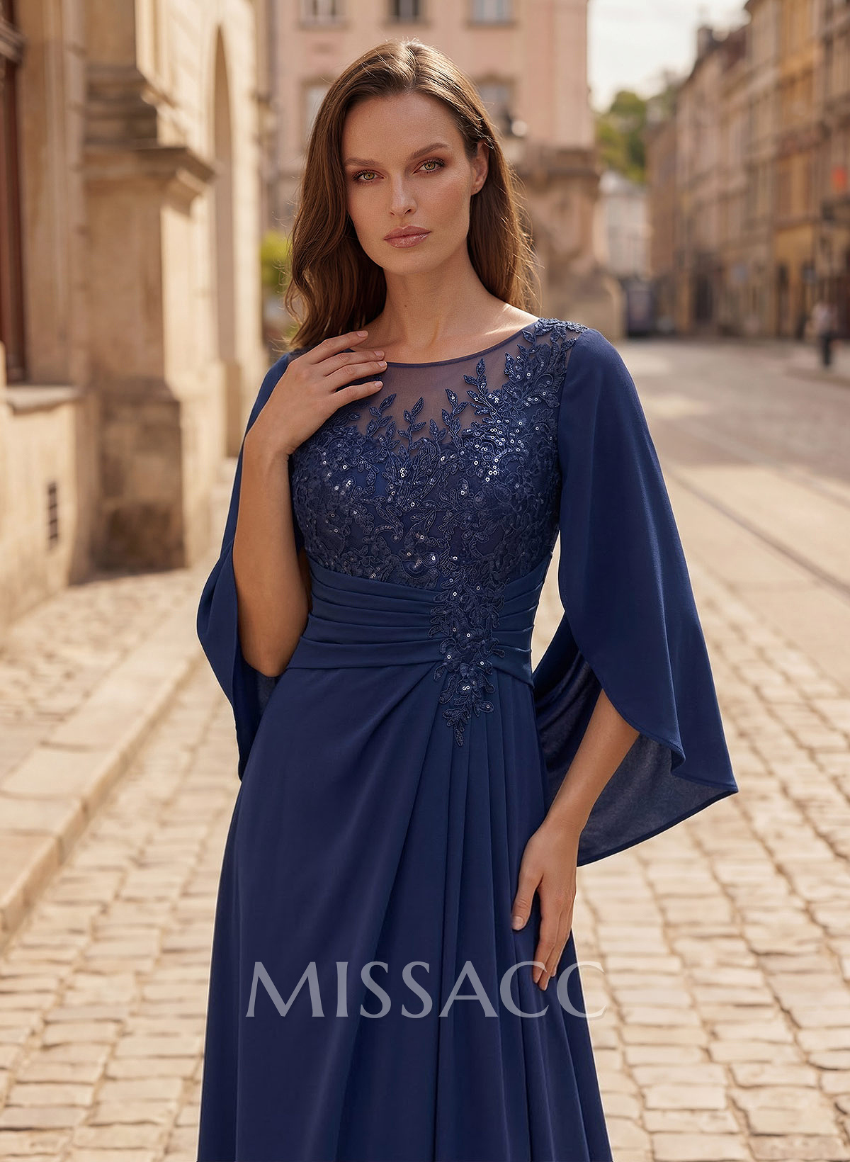 A-Line Scoop Neck Cape Sleeves Floor-Length Stretch Satin Mother Of The Bride Dresses With Appliques Lace A-Line Scoop Neck Cape Sleeves Floor-Length Stretch Satin Mother Of The Bride Dresses With Appliques Lace