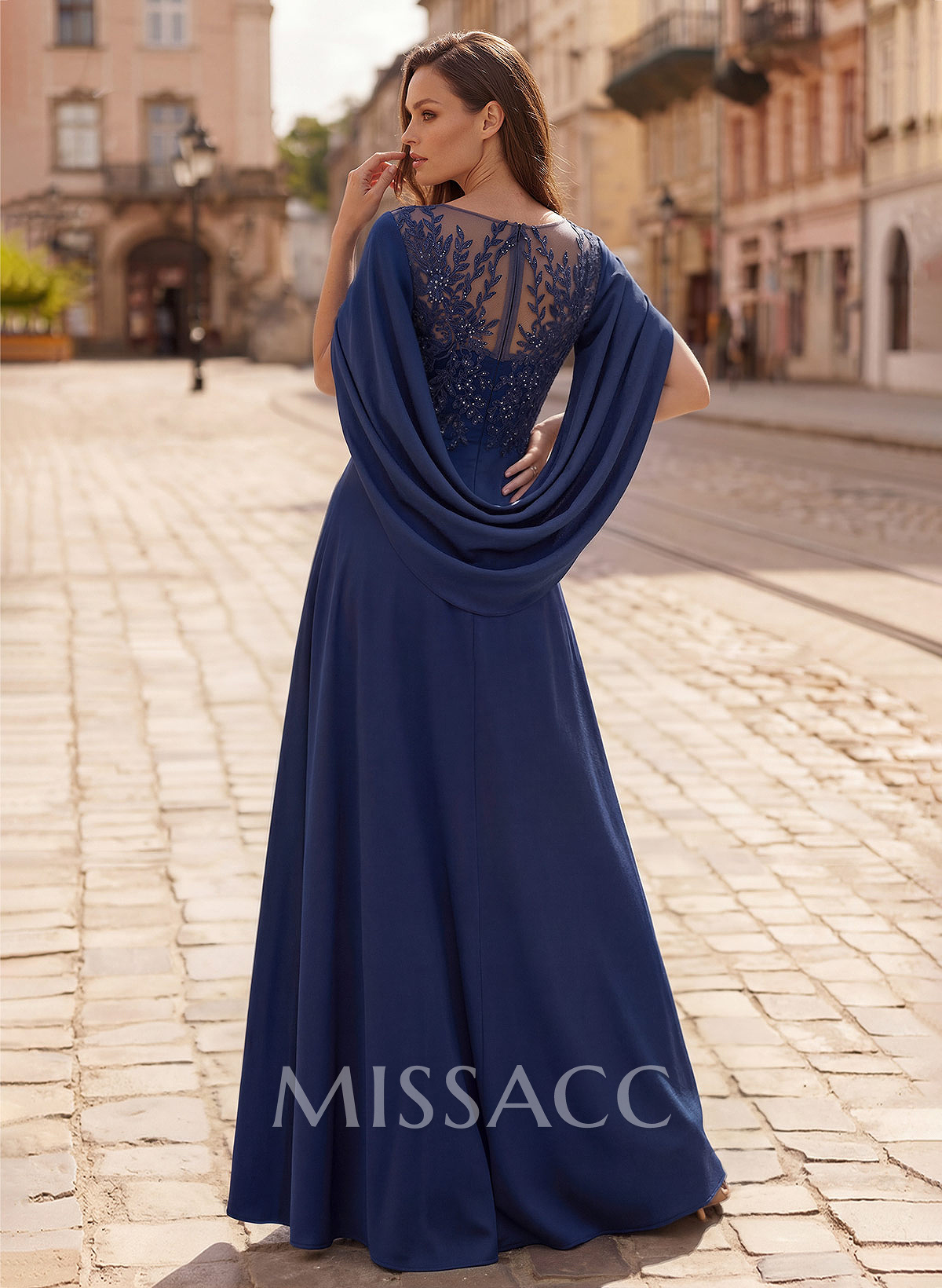 A-Line Scoop Neck Cape Sleeves Floor-Length Stretch Satin Mother Of The Bride Dresses With Appliques Lace A-Line Scoop Neck Cape Sleeves Floor-Length Stretch Satin Mother Of The Bride Dresses With Appliques Lace