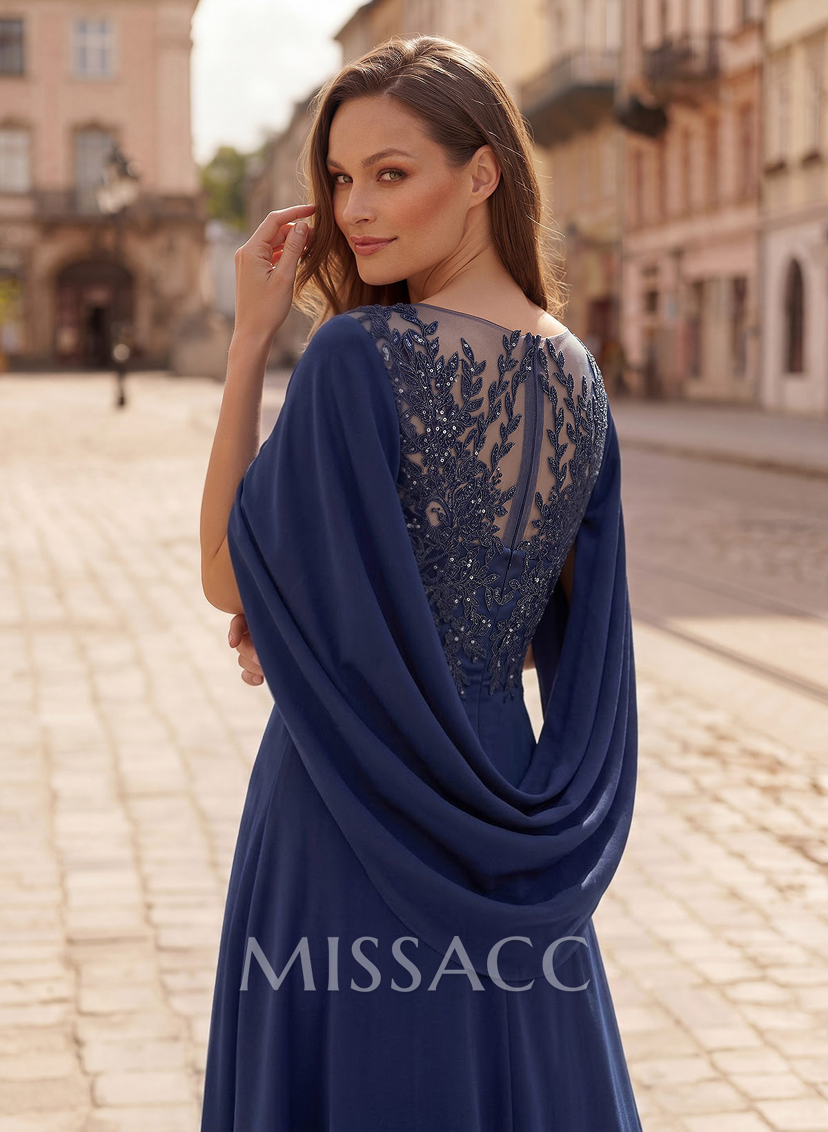 A-Line Scoop Neck Cape Sleeves Floor-Length Stretch Satin Mother Of The Bride Dresses With Appliques Lace A-Line Scoop Neck Cape Sleeves Floor-Length Stretch Satin Mother Of The Bride Dresses With Appliques Lace