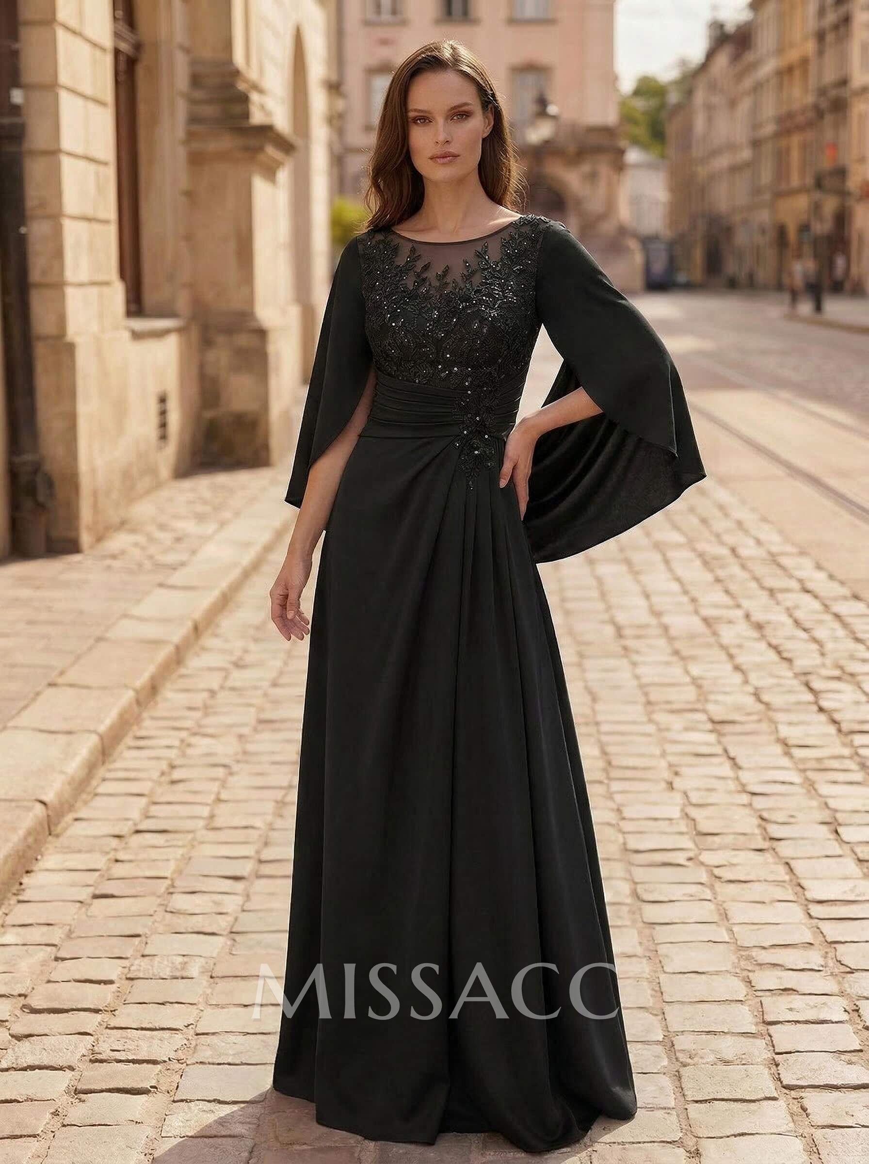 A-Line Scoop Neck Cape Sleeves Floor-Length Stretch Satin Mother Of The Bride Dresses With Appliques Lace