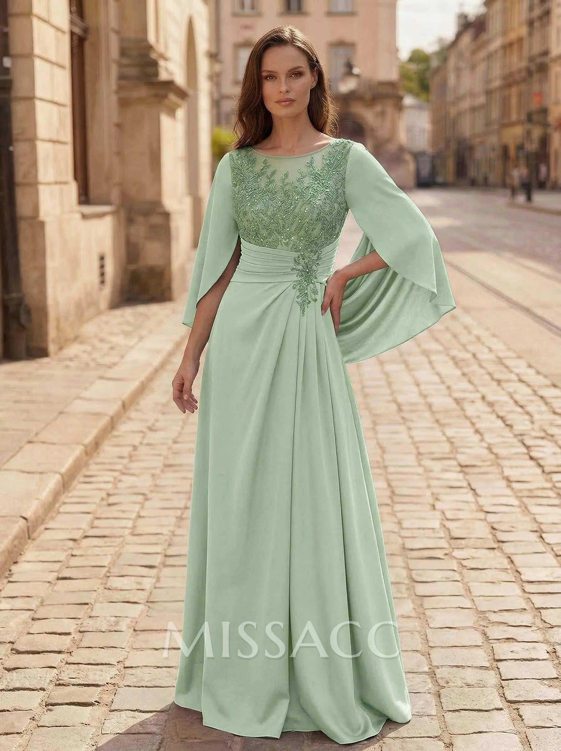 A-Line Scoop Neck Cape Sleeves Floor-Length Stretch Satin Mother Of The Bride Dresses With Appliques Lace #SMBD12771