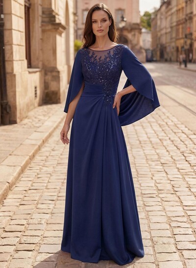 A-Line Scoop Neck Cape Sleeves Floor-Length Stretch Satin Mother Of The Bride Dresses With Appliques Lace