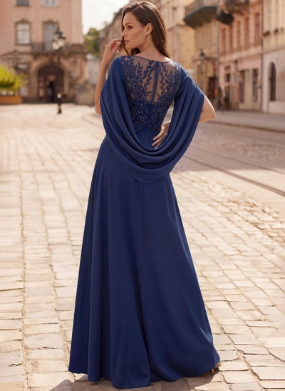 A-Line Scoop Neck Cape Sleeves Floor-Length Stretch Satin Mother Of The Bride Dresses With Appliques Lace