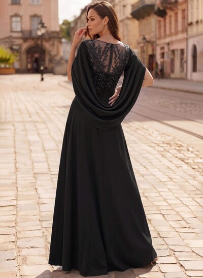 A-Line Scoop Neck Cape Sleeves Floor-Length Stretch Satin Mother Of The Bride Dresses With Appliques Lace