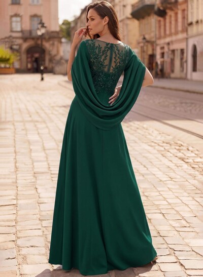 A-Line Scoop Neck Cape Sleeves Floor-Length Stretch Satin Mother Of The Bride Dresses With Appliques Lace