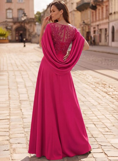 A-Line Scoop Neck Cape Sleeves Floor-Length Stretch Satin Mother Of The Bride Dresses With Appliques Lace