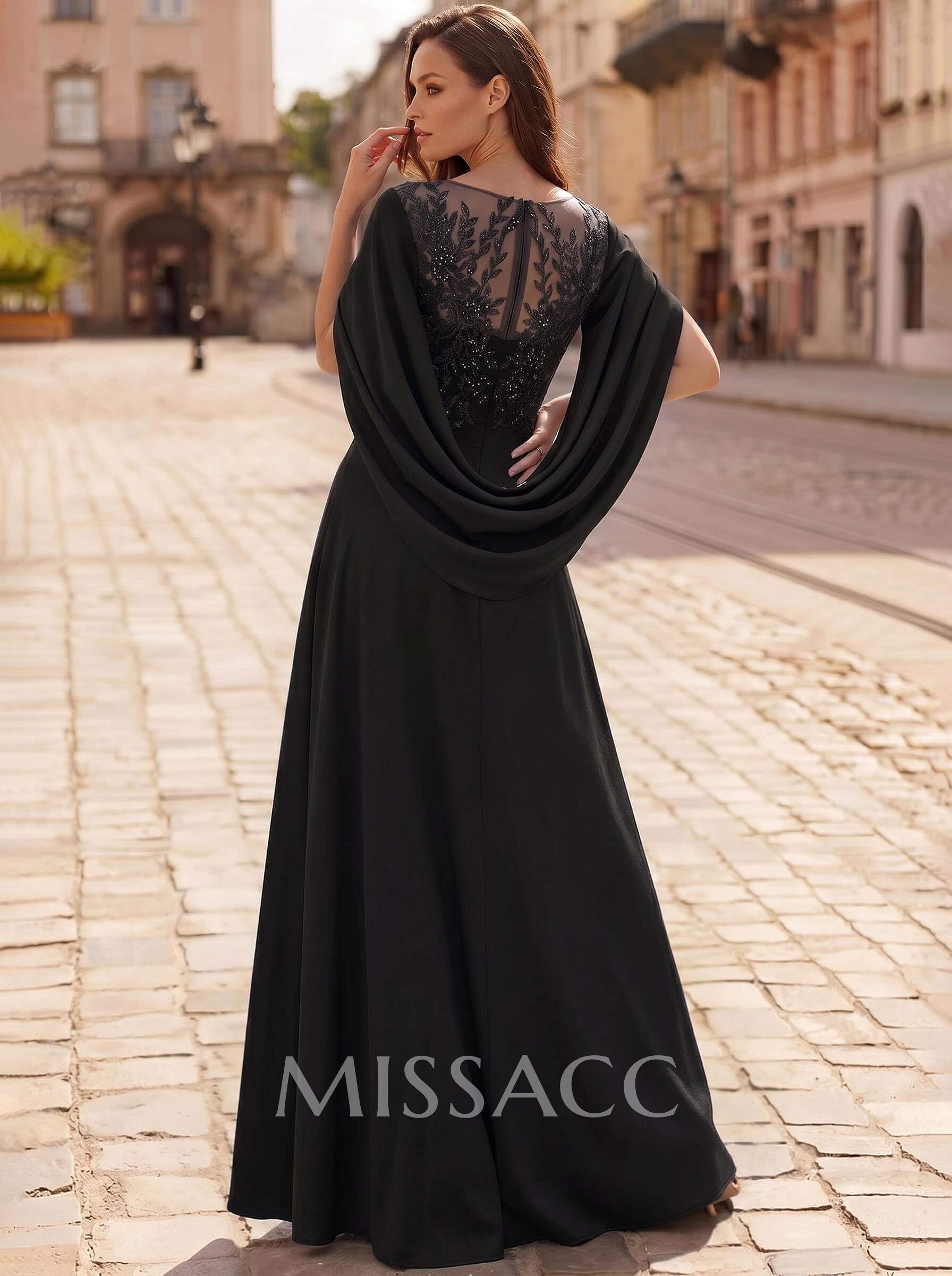 A-Line Scoop Neck Cape Sleeves Floor-Length Stretch Satin Mother Of The Bride Dresses With Appliques Lace