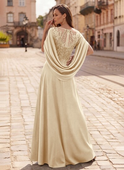 A-Line Scoop Neck Cape Sleeves Floor-Length Stretch Satin Mother Of The Bride Dresses With Appliques Lace