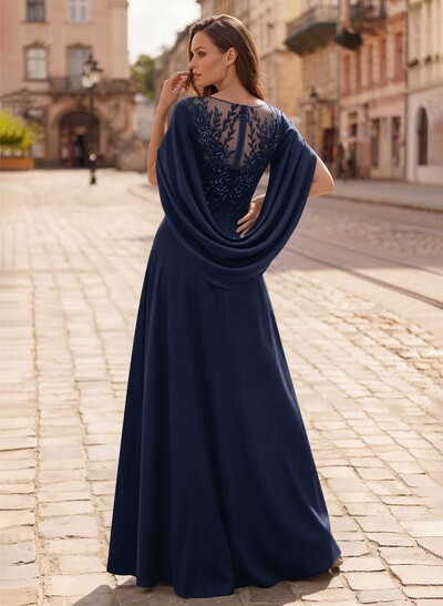 A-Line Scoop Neck Cape Sleeves Floor-Length Stretch Satin Mother Of The Bride Dresses With Appliques Lace