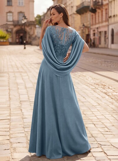 A-Line Scoop Neck Cape Sleeves Floor-Length Stretch Satin Mother Of The Bride Dresses With Appliques Lace