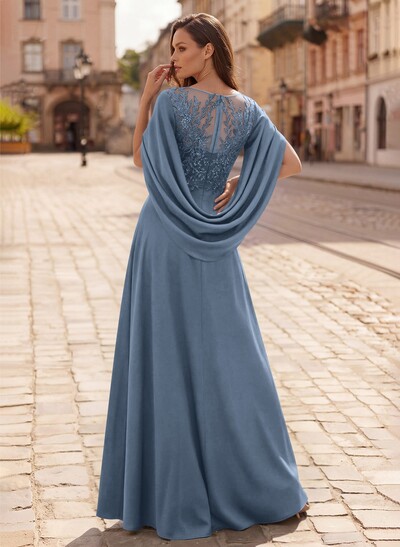 A-Line Scoop Neck Cape Sleeves Floor-Length Stretch Satin Mother Of The Bride Dresses With Appliques Lace