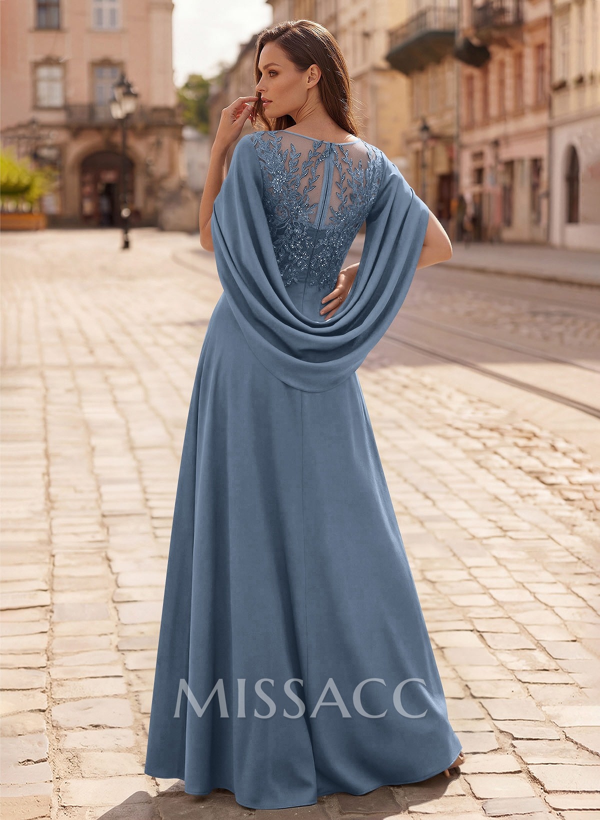 A-Line Scoop Neck Cape Sleeves Floor-Length Stretch Satin Mother Of The Bride Dresses With Appliques Lace