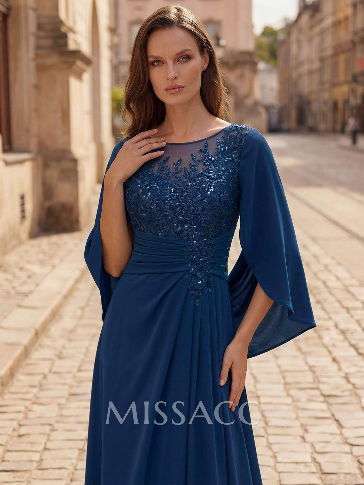 A-Line Scoop Neck Cape Sleeves Floor-Length Stretch Satin Mother Of The Bride Dresses With Appliques Lace A-Line Scoop Neck Cape Sleeves Floor-Length Stretch Satin Mother Of The Bride Dresses With Appliques Lace