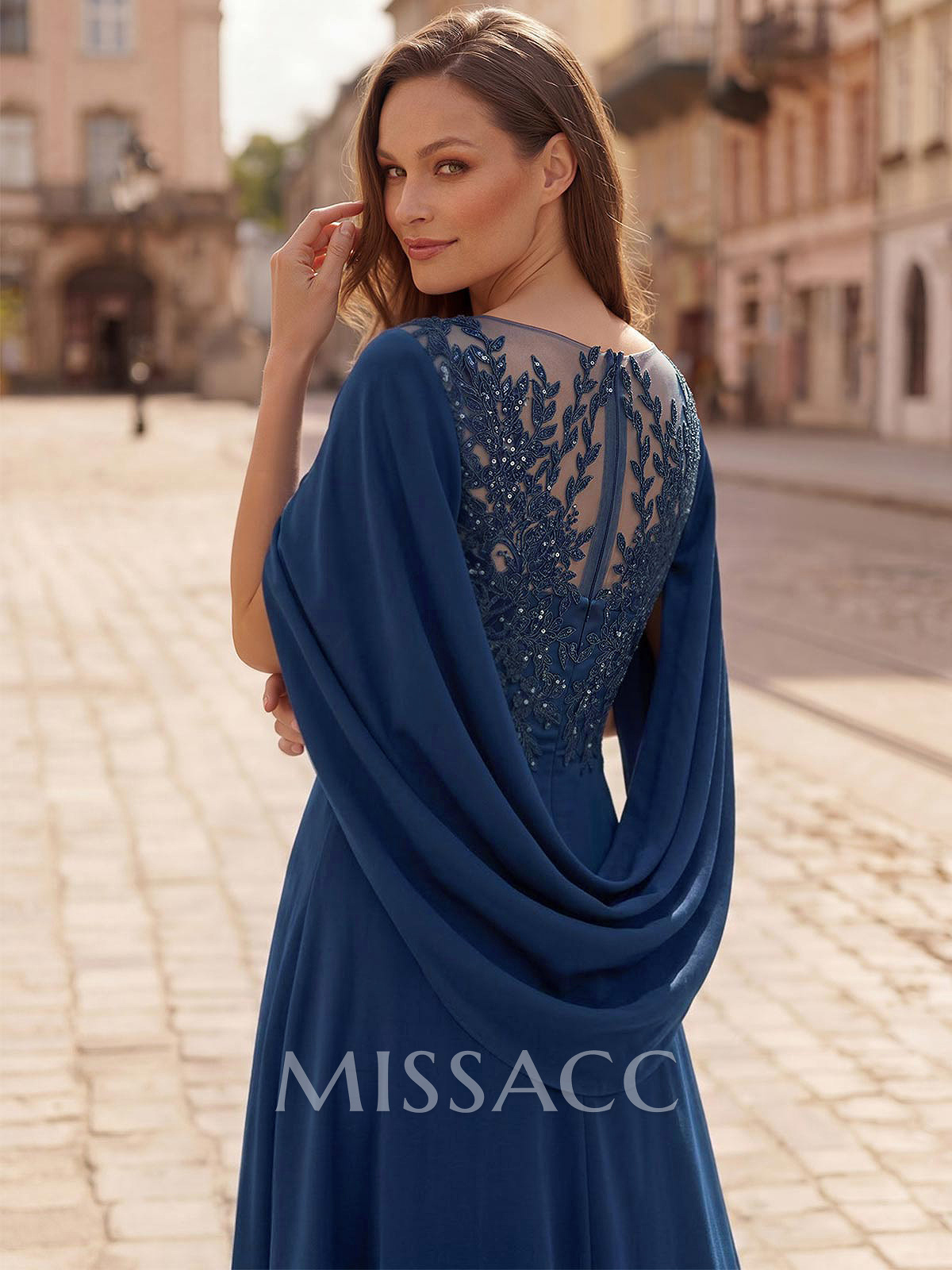A-Line Scoop Neck Cape Sleeves Floor-Length Stretch Satin Mother Of The Bride Dresses With Appliques Lace A-Line Scoop Neck Cape Sleeves Floor-Length Stretch Satin Mother Of The Bride Dresses With Appliques Lace