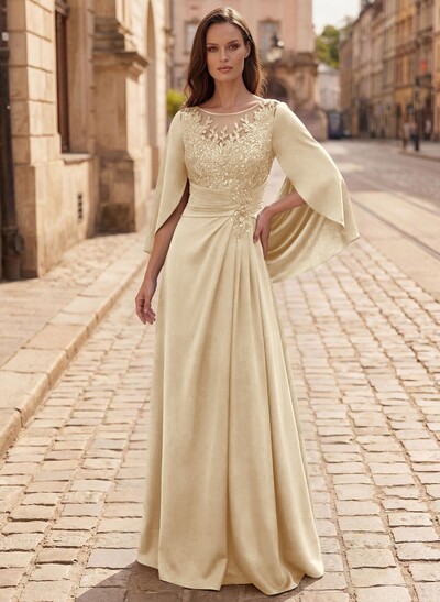 A-Line Scoop Neck Cape Sleeves Floor-Length Stretch Satin Mother Of The Bride Dresses With Appliques Lace