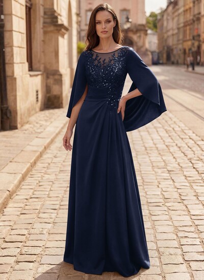 A-Line Scoop Neck Cape Sleeves Floor-Length Stretch Satin Mother Of The Bride Dresses With Appliques Lace