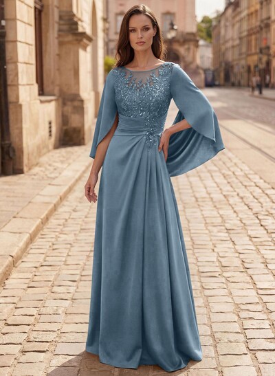 A-Line Scoop Neck Cape Sleeves Floor-Length Stretch Satin Mother Of The Bride Dresses With Appliques Lace