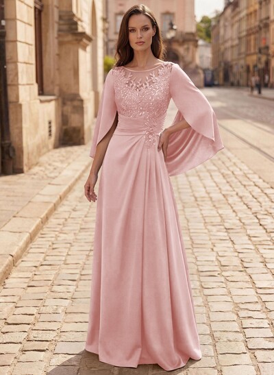 A-Line Scoop Neck Cape Sleeves Floor-Length Stretch Satin Mother Of The Bride Dresses With Appliques Lace