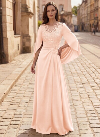 A-Line Scoop Neck Cape Sleeves Floor-Length Stretch Satin Mother Of The Bride Dresses With Appliques Lace